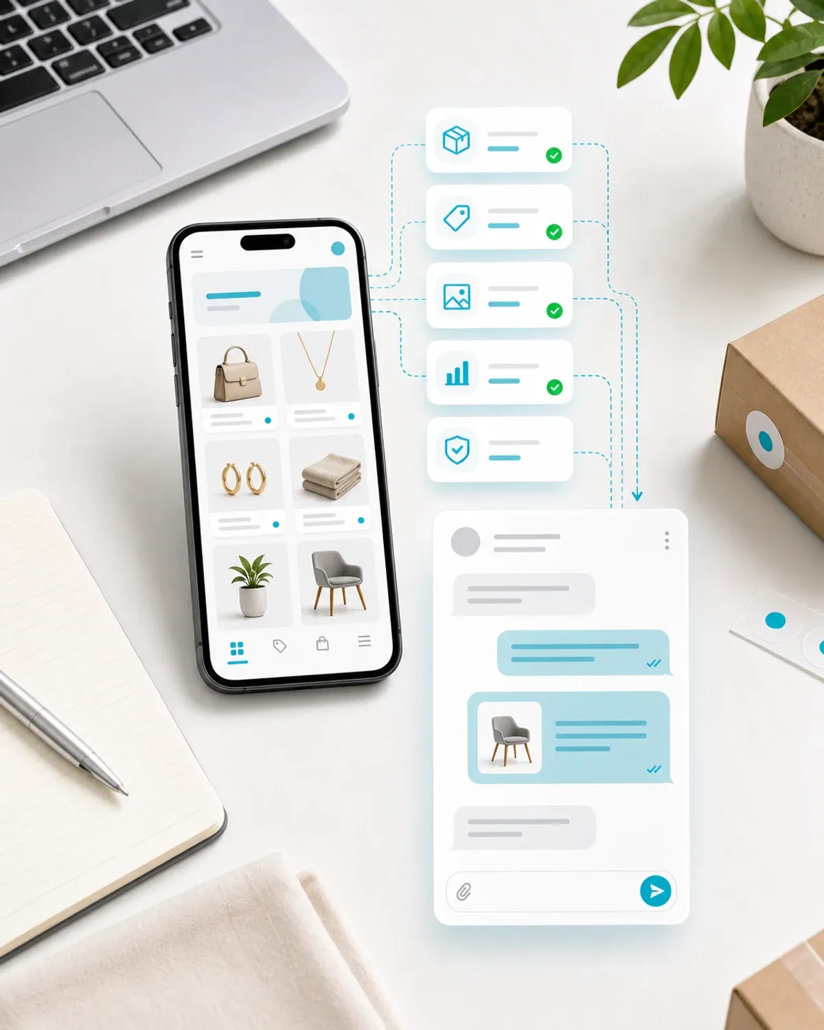 Telefono mostrando un catalogo digital con productos y una conversacion lista para atender al cliente